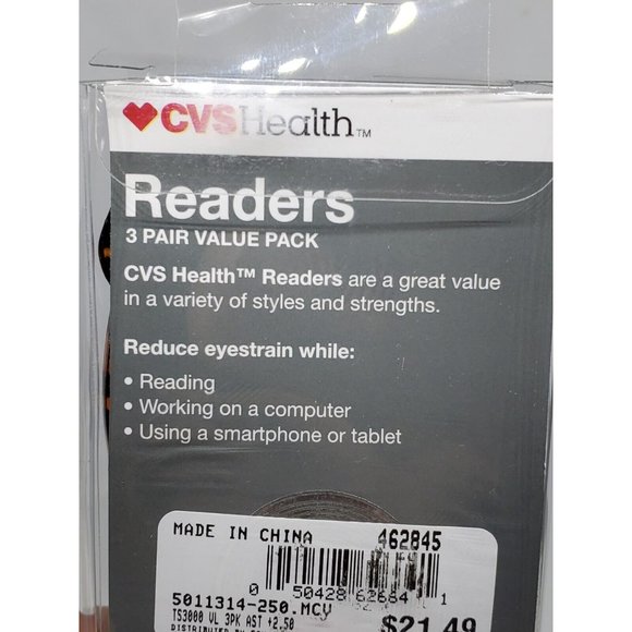 CVS Health 3 Pair Value Pack Readers +2.50 Brown Frame Reading Glasses - Picture 5 of 12